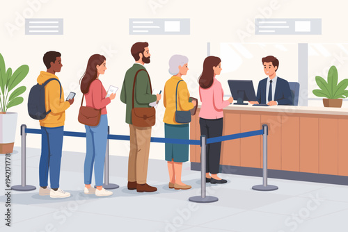 Diverse customers waiting in a queue at a bank branch or service center to be assisted by a professional financial officer at a counter, flat vector illustration of people in a line for service.