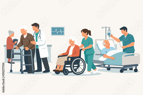 Senior people receiving medical care in a hospital vector illustration. Doctors and nurses assisting elderly patients with walkers, wheelchairs, and hospital beds in a geriatric clinic setting.