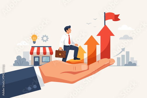 Small Business Owner Supported by a Large Investor Hand Climbing Rising Growth Arrows Towards a Goal Flag, Representing Financial Support, Mentorship, Startup Success, and Economic Opportunity.