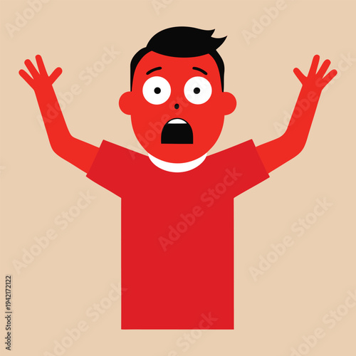 Scared cartoon man with red skin and arms raised in surprise and shock