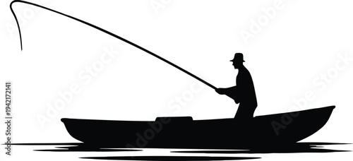 Silhouette of fisherman in boat casting fishing rod on water with transparent background