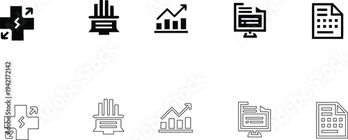 A collection of 8 black and white business icons on a white background
