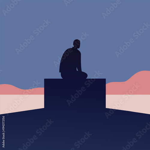 Silhouette of man sitting on platform looking out at abstract landscape with sky and hills