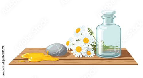 An empty clear glass bottle and a bouquet of white chamomile flowers are arranged with a single grey stone and spilled honey on a wooden shelf.