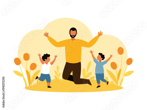 Father playing with two happy kids outdoors in park joyful celebration fun together