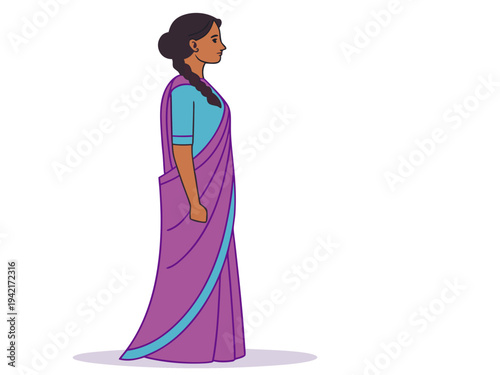 Indian woman wearing traditional purple sari standing side profile white background
