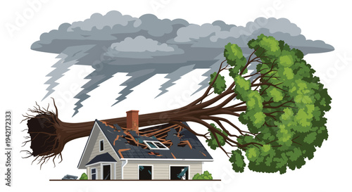 A two-story house with a grey roof is severely damaged by a large uprooted green tree fallen across its roof under dark storm clouds and lightning.