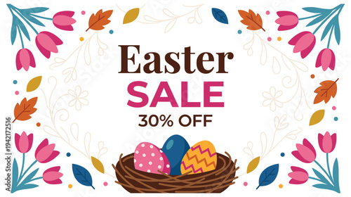 Easter sale banner with painted eggs in nest and spring flower frame