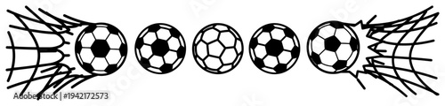 Soccer ball flying into goal net sequence coloring book style