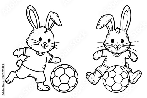 Cute bunny rabbits playing soccer cartoon line art for kids