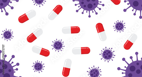Multiple red and white pharmaceutical capsules are randomly scattered among various sizes of purple, spiky virus particles on a white background.