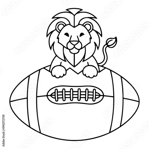 Cute lion character holding american football ball for mascot or coloring book in line art style