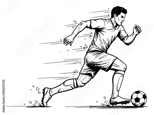 Soccer player running with ball during intense match action in dynamic sketch style