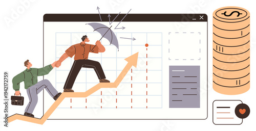 Business development, financial security, teamwork, leadership, strategy, success. Two individuals climbing a rising arrow graph with coins and a digital chart background. Business development