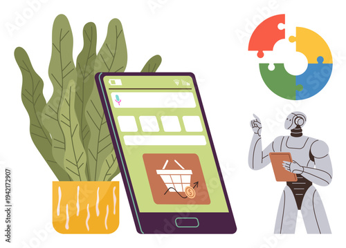 Artificial intelligence, e-commerce, digital innovation, robotics, automation, technology solutions. A robot analyzing data, a shopping interface puzzle graphics. Artificial intelligence