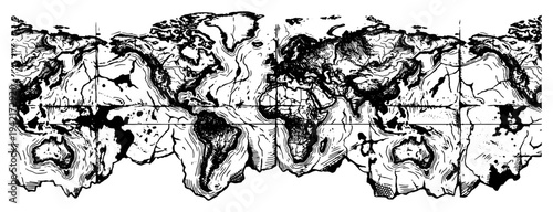 Distorted world map with detailed continent textures and grid lines in vintage engraving style