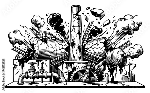 Industrial factory explosion with smoke clouds and flying debris in vintage engraving style
