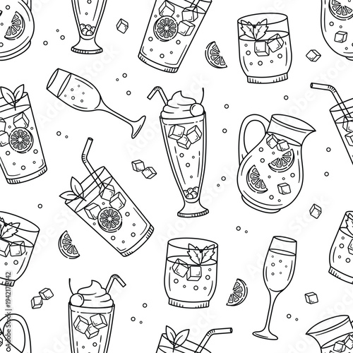 Seamless Drink and Beverage Outline Doodle Pattern with Cocktail, Juice, Soda and Glasses