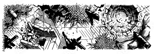 Ruined stone bunker with debris and rubble vintage engraving style