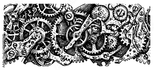 Mechanical gears and complex clockwork machinery vintage engraving style