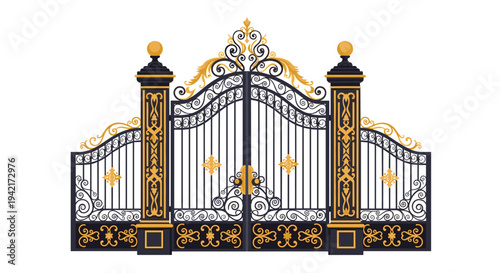 An ornate black wrought iron gate, embellished with extensive gold scrollwork and four large gold finials, stands majestically between two tall pillars on a plain white background.