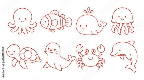 Cute sea animals outline doodle illustration set featuring simple kawaii marine creatures