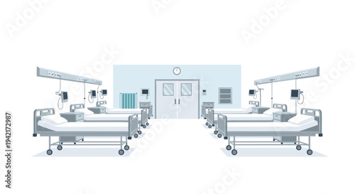 An organized hospital room displays two rows of four empty beds, complete with medical monitors, against a light blue wall featuring double doors and a wall clock.