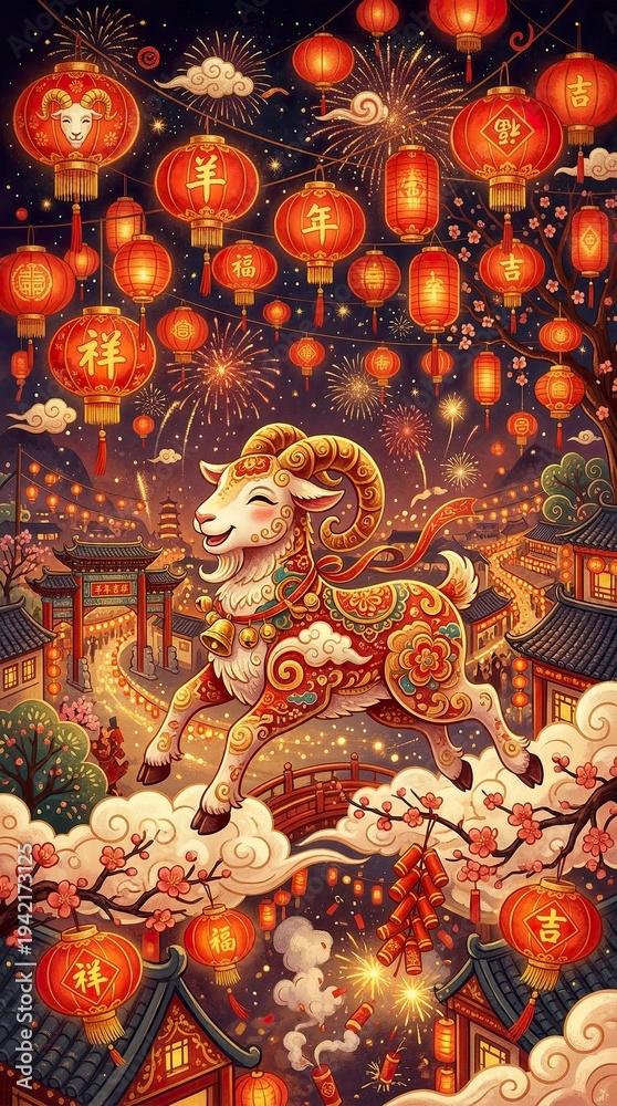 Fototapeta premium festive goat zodiac wallpaper with red lanterns