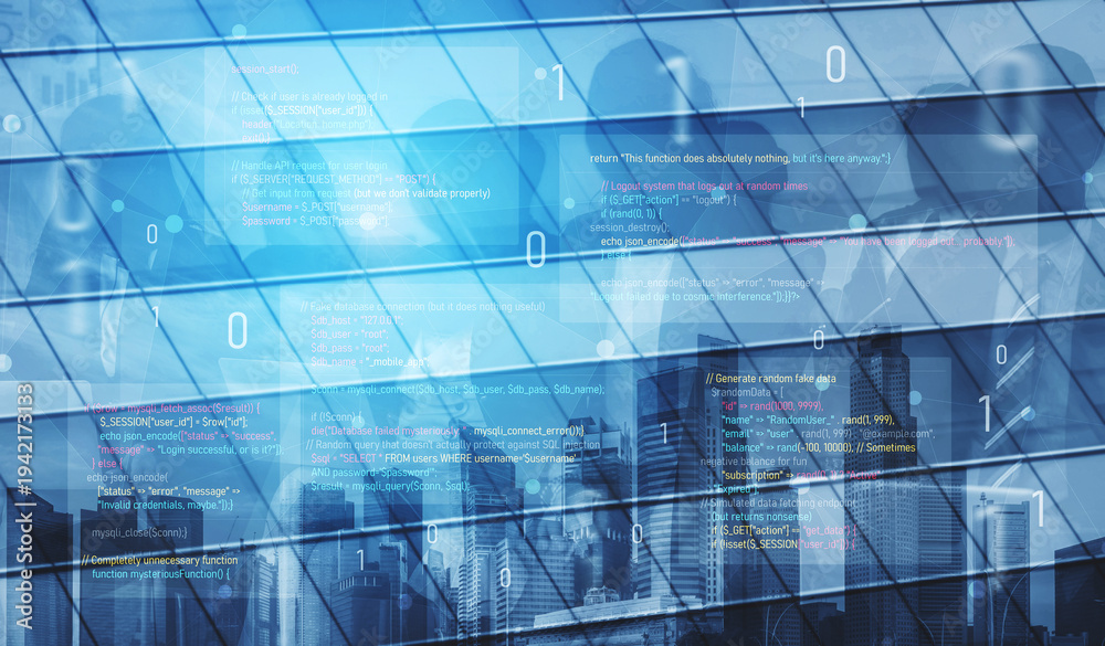 Obraz premium Unsecure and buggy programming code filled with errors and strange logic. Code contains insecure queries, broken validation, weird functions, and programming flaws for demonstration. Vouch