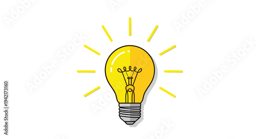 A classic yellow light bulb, featuring a visible filament, radiates bright yellow lines in a flat cartoon style, centrally positioned on a pure white background.