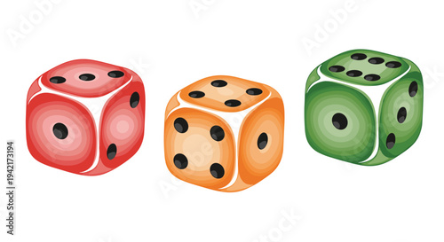 A trio of textured watercolor dice, in shades of red, orange, and green, are positioned horizontally, each displaying distinct black pips against a pure white background.