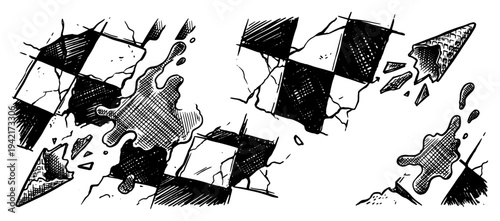 Broken checkered tiles with liquid splashes and spilled ice cream in surreal vintage engraving style