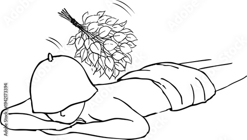 ヴィヒタでウィスキングを受ける男性の手描きペン画イラスト