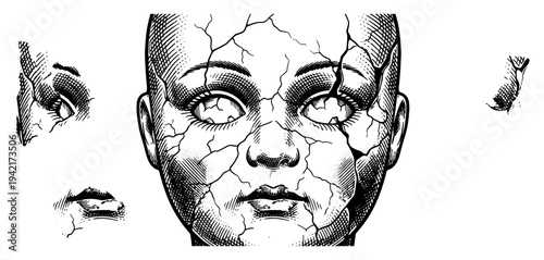 Shattered porcelain doll head with visible cracks and missing pieces in vintage engraving style