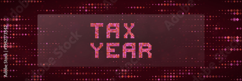 Digital Tax Year Concept with Pixelated Text on Dark Red Halftone Background for Online Filing