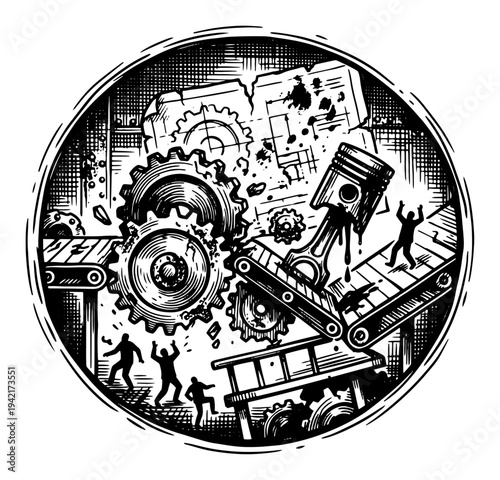 Industrial machinery with large gears and working silhouettes inside circular frame in vintage engraving style