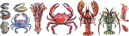 Seafood set with lobster crab squid mussels oysters shrimp vector expressive style