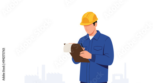 A male construction worker or engineer, wearing a blue uniform and a yellow hard hat, stands in a clean white space, diligently writing on a clipboard.