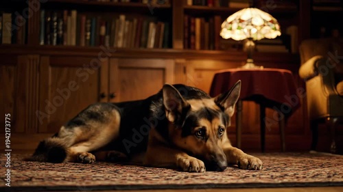 German Shepherd Dog Lying on Carpet.
