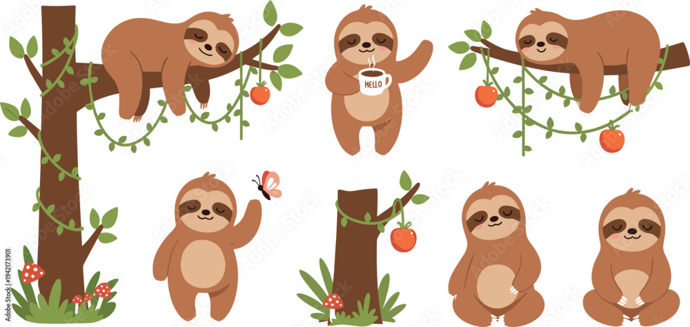 Obraz premium Cute Sloth Cartoon Collection with Tree Branches Apples and Forest Elements Adorable Jungle Animal Vector Illustration Set