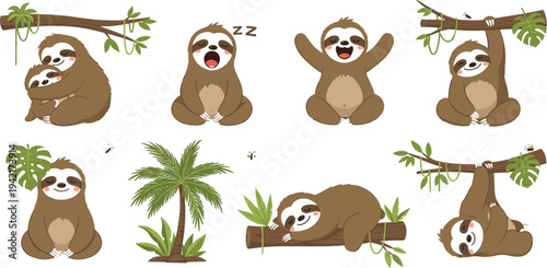 Cute Sloth Cartoon Collection with Tropical Trees Leaves and Funny Jungle Poses Adorable Animal Vector Illustration Set