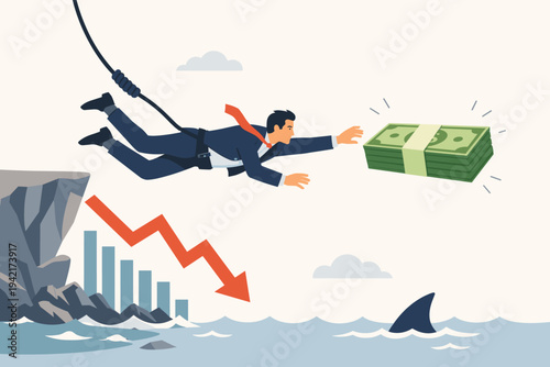 Businessman Bungee Jumping from Cliff to Catch Money Stack over Shark Infested Water with Falling Stock Market Graph, Concept of Investment Risk, Financial Crisis, Greed and Business Challenge.