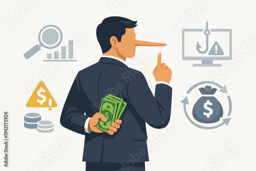 Financial Fraud Concept Vector Illustration of a Dishonest Businessman with a Long Nose Hiding Cash Behind His Back, Featuring Icons for Phishing, Money Laundering, and Corporate Deception.
