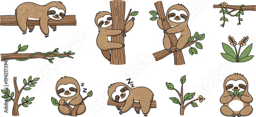 Cute Sloth Cartoon Collection with Tree Branches Leaves and Sleeping Jungle Animal Poses Vector Illustration Set