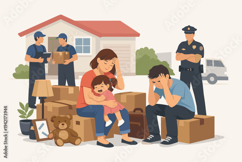 Stressed young family being evicted from their home due to foreclosure, sitting on boxes with belongings while movers and a police officer stand by, financial crisis and homelessness concept.