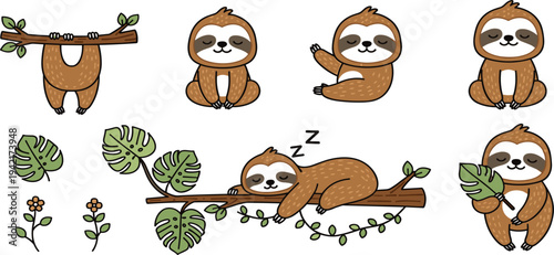 Cute Sloth Cartoon Set with Tropical Leaves and Tree Branch Adorable Jungle Animal Vector Illustration Collection