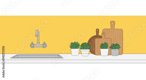 A modern kitchen counter displays a silver sink and faucet, four potted succulent plants, and three wooden cutting boards against a vibrant yellow backsplash.