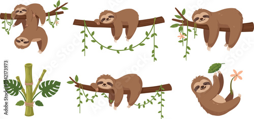 Cute Sloth on Tree Branch Collection with Bamboo and Tropical Leaves Adorable Jungle Animal Cartoon Vector Illustration Set