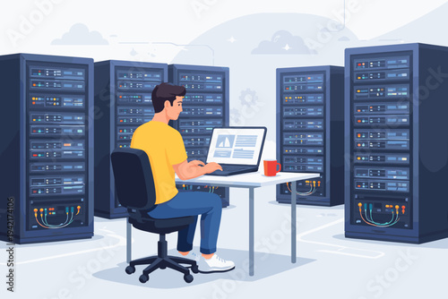 Flat vector illustration of a professional IT administrator working on a laptop in a modern data center server room surrounded by high-performance server racks for cloud computing and storage.