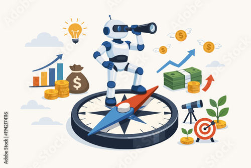 Robot Standing on a Compass Using a Telescope to Find Financial Opportunities and Investment Growth. Flat Vector Illustration of AI Business Strategy, Market Analysis, and Wealth Management.
